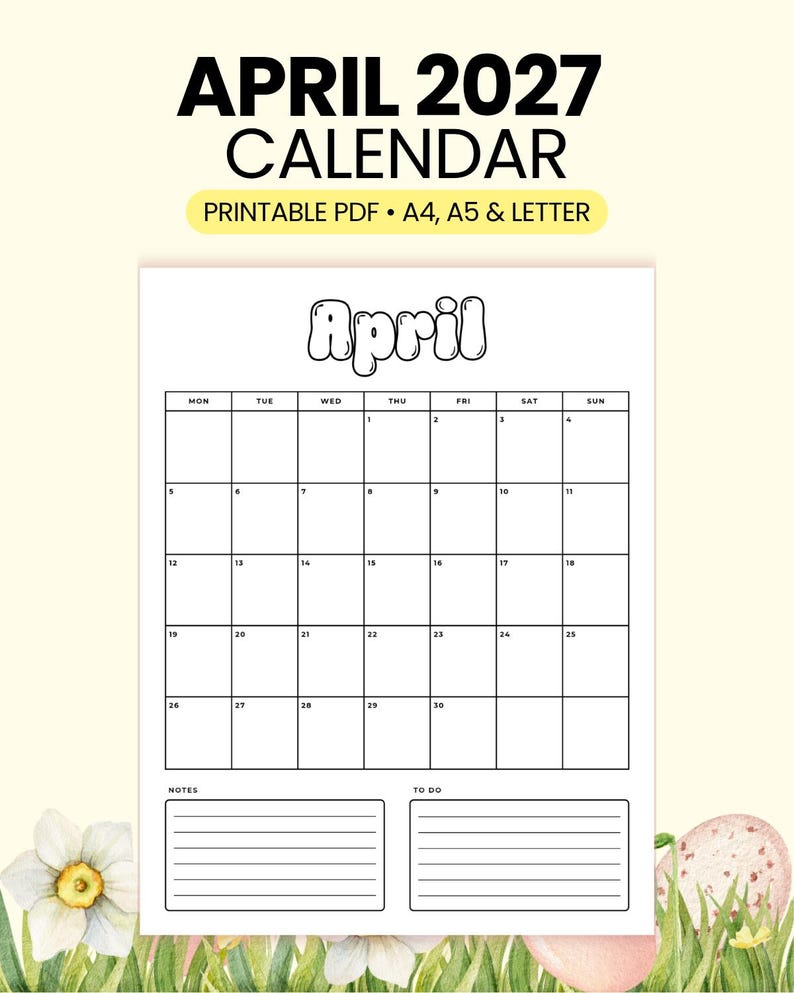 Printable April Calendar 2027 – Stay Organized Effortlessly