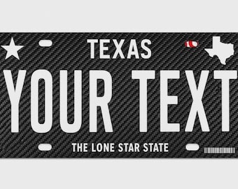Niestandardowa tablica rejestracyjna z włókna węglowego w Teksasie z Twoim tekstem Lone Star State