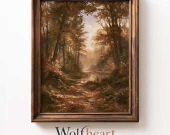 Könnte beinhalten: Ein gerahmter Kunstdruck mit einem Ölgemälde einer Waldlandschaft mit hohen Bäumen, einem gewundenen Pfad und einem kleinen Bach in warmen Braun- und Goldtönen. Das Kunstwerk befindet sich in einem dunkelbraunen Holzrahmen mit strukturierter Oberfläche.