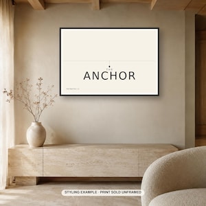 Peut inclure: Une affiche murale rectangulaire avec un fond crème et une fine ligne horizontale noire. Le texte THE ANCHOR est imprimé en lettres capitales noires sous un petit losange. Le texte THE PRACTICE / 13 figure dans le coin inférieur gauche.