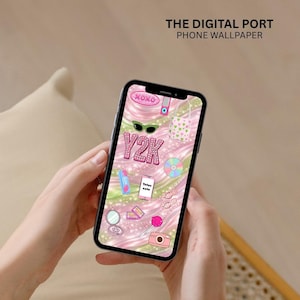 May include: A smartphone displaying a digital wallpaper with a pink and green wavy background. The screen features Y2K-themed icons including sunglasses, a CD, a lollipop, a camera, a compact mirror, and text reading XOXO and Tetez cute.