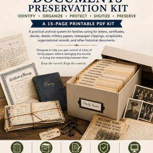 May include: A 15-page printable PDF kit titled ArchivesWorks Family Papers & Documents Preservation Kit. The document includes text, a beige storage box with labeled dividers, a diary, vintage letters, photographs, and a newspaper clipping.