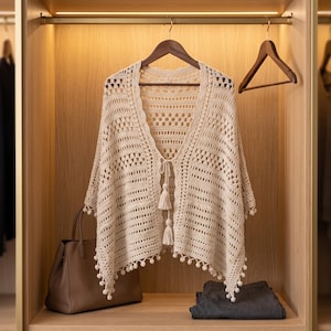 Puede incluir: Un cárdigan de ganchillo beige con diseño frontal abierto, cierre de lazo, borlas decorativas y un borde de pequeños pompones en el dobladillo. La prenda presenta un patrón de puntos horizontales y cuelga de una percha de madera.
