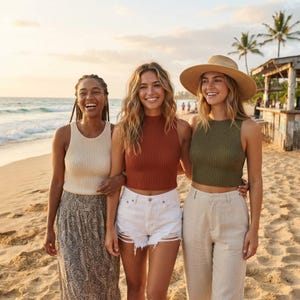 Puede incluir: Tres tops sin mangas de punto acanalado en color crema, óxido y verde oliva. El top crema se combina con una falda larga estampada, el top óxido con pantalones cortos de mezclilla blancos desgastados y el top verde oliva con pantalones de lino beige y sombrero de paja.
