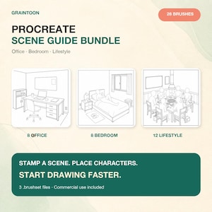 May include: A digital Procreate scene guide bundle featuring 28 brushes. The image displays three line art illustrations: an office, a bedroom, and a lifestyle scene. Text includes 'GRAINTOON', 'PROCREATE SCENE GUIDE BUNDLE', and 'STAMP A SCENE. PLACE CHARACTERS. START DRAWING FASTER.'