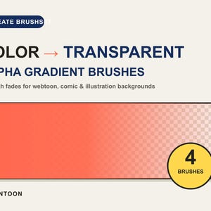 May include: A digital Procreate brush set titled Color to Transparent Alpha Gradient Brushes, featuring a horizontal rectangular sample showing a smooth gradient from solid coral-orange to a transparent checkerboard pattern, with a yellow circle badge indicating 4 brushes.