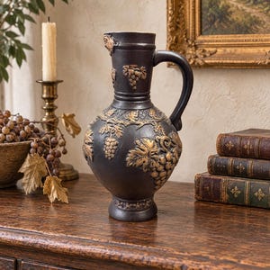 May include: A dark brown ceramic pitcher featuring raised relief details of grape clusters and vine leaves in a metallic gold finish. The pitcher has a curved handle, a wide body, and a narrow neck with a textured lattice pattern near the top rim.