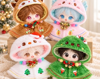 Christmas Clothes for 20cm Plush Dolls, Fluffy Hooded Cape with Bow and Bells, Four Cute Styles, Doll Not Included