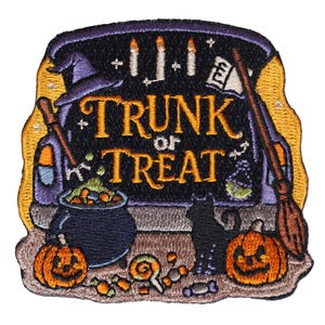 May include: An embroidered patch featuring the text TRUNK or TREAT in yellow. The design includes a purple witch hat, a black cauldron with orange contents, a black cat, two jack-o'-lanterns, a broomstick, an open book, and three candles.
