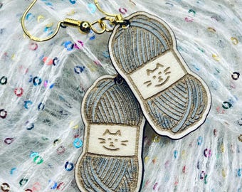 grey yarn skein kitten drop earrings