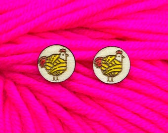 yarn chicken wooden post earrings