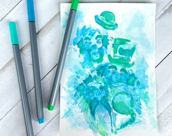 Haunted Mansion Painting, 5" x 7", hitchhiking ghosts ink and watercolor mixed media