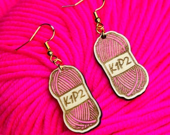 pink knitting yarn skein K1P2 drop earrings