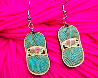 aqua yarn tattoo rose drop earrings
