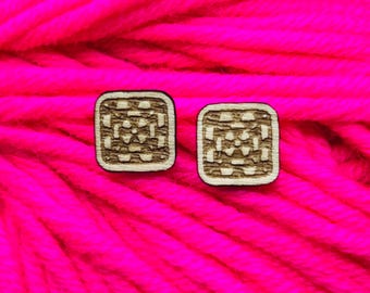 granny square crochet wooden post earrings