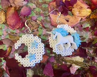 Unicorn Moon, Crescent Moon kawaii earrings, pastel goth, kawaii aesthetic earrings, cute jewelry, blue, pastel, sparkly