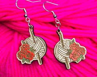 Crochet hook yarn tattoo rose drop earrings