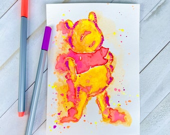 Pooh Bear Watercolor Painting, 5" x 7", nursery art, nanny gifts