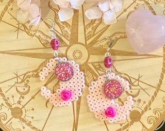 Angel Moon, Crescent Moon kawaii earrings, pastel goth, kawaii aesthetic earrings, cute jewelry, rose, skull