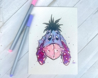 Eeyore Watercolor Painting, 5" x 7", nursery art, nanny gifts