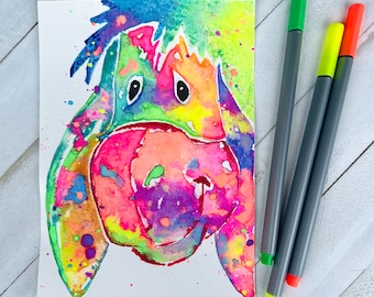 Rainbow Eeyore Watercolor Painting, 5" x 7", nursery art, nanny gifts