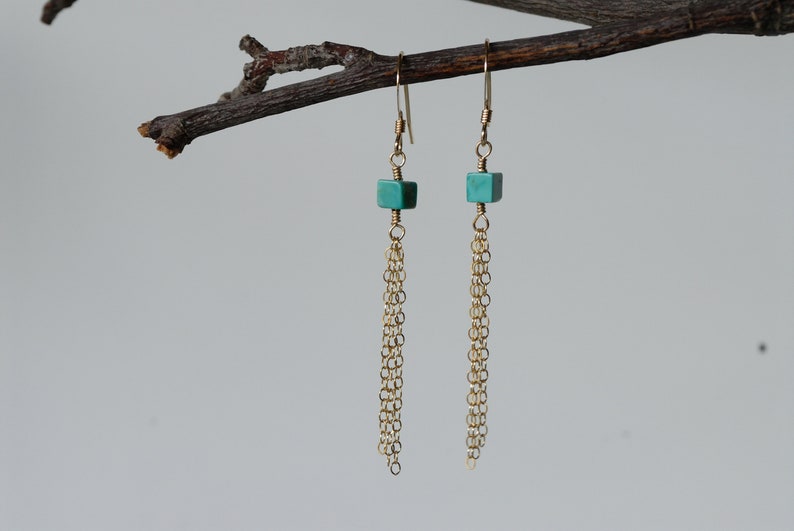 genuine turquoise earrings 14 kt Gold Filled Chain Tassle Dangle Earrings unique earring for her