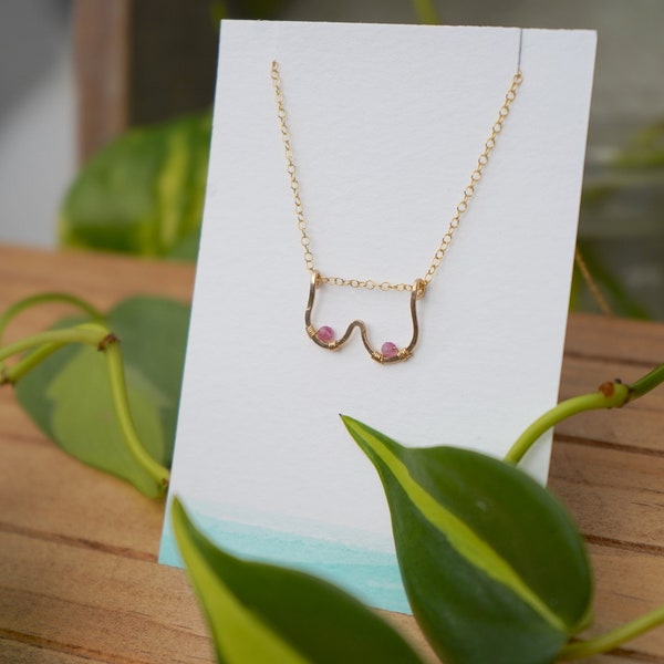 Boobie Necklace, handmade, pink tourmaline, 14 kt yellow gold OR rose gold filled OR sterling silver, feminist jewelry, body positivity