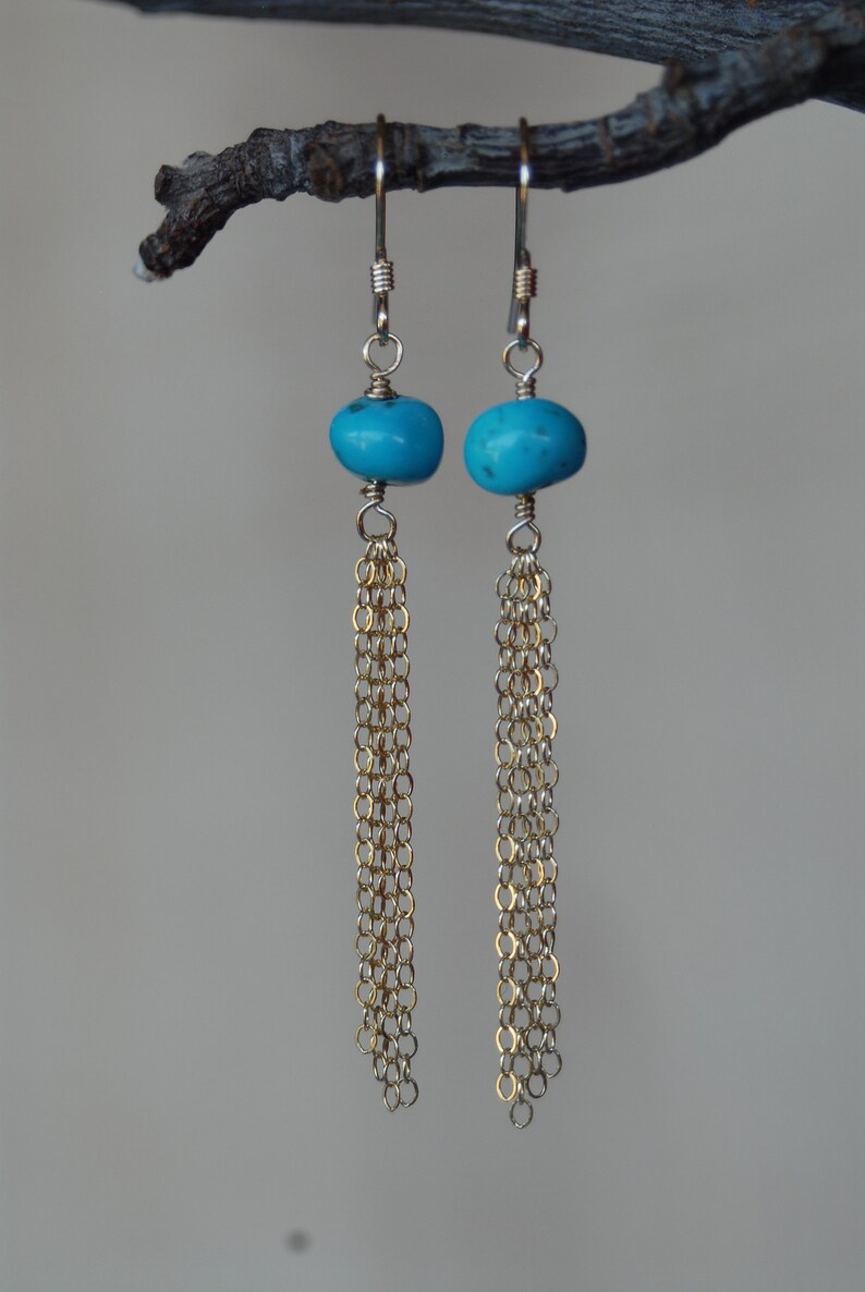 genuine turquoise earrings 14 kt Gold Filled Chain Tassle Dangle Earrings unique earring for her