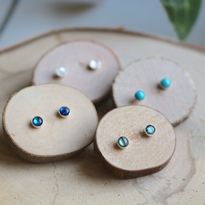 Tiny dainty gemstone stud earrings, sterling silver, semi-precious gems, Paua (Abalone) Shell, Mother of Pearl, Sleeping Beauty Turquoise