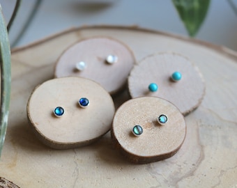 Tiny dainty gemstone stud earrings, sterling silver, semi-precious gems, Paua (Abalone) Shell, Mother of Pearl, Sleeping Beauty Turquoise