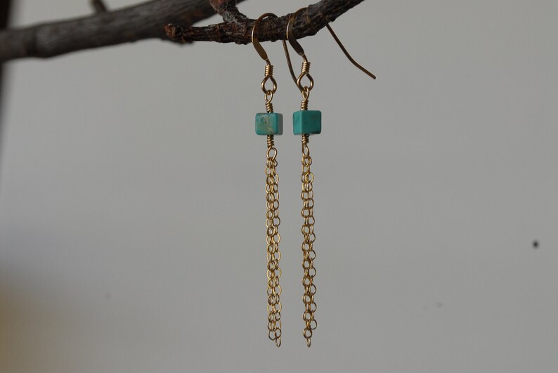 genuine turquoise earrings 14 kt Gold Filled Chain Tassle Dangle Earrings unique earring for her