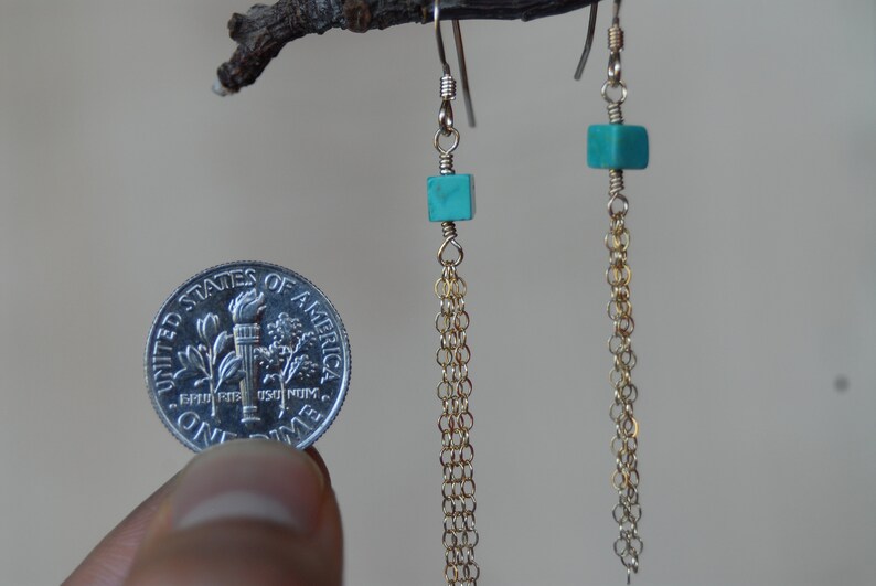genuine turquoise earrings 14 kt Gold Filled Chain Tassle Dangle Earrings unique earring for her