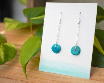 Turquoise Heishi disc dangle earrings,  Sterling Silver, handmade