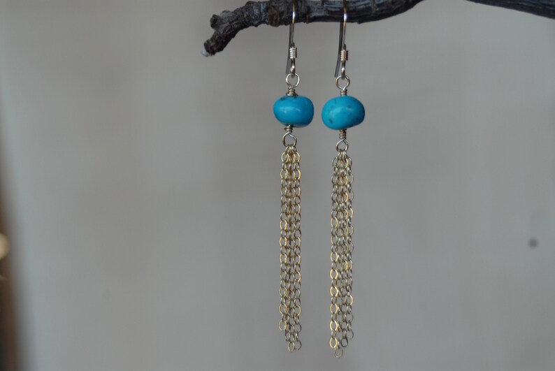 genuine turquoise earrings 14 kt Gold Filled Chain Tassle Dangle Earrings unique earring for her