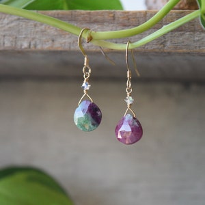 14 kt Gold Filled Ruby Zoisite Teardrop with Swarovski crystal accent, gift for her, gemstone earring, dainty earrings, minimalism