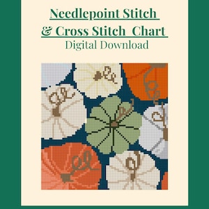 Op de afbeelding: Een digitaal patroon voor naaldpunt en kruissteek met een motief van pompoenen in tinten oranje, wit en groen tegen een donkerblauwe achtergrond. De tekst luidt Needlepoint Stitch & Cross Stitch Chart Digital Download.