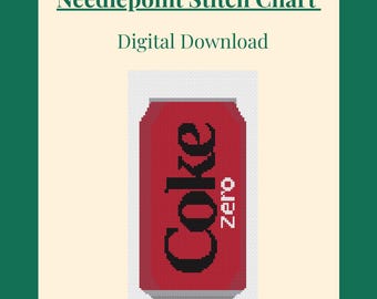 May include: A needlepoint stitch chart digital download featuring a pixelated graphic of a red soda can with the text Coke zero in black. The design is set against a light cream background with dark green borders, displaying a grid pattern.
