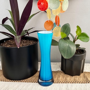 May include: A tall, slender glass vase with a vibrant turquoise blue hue and a smooth, vertical ribbed texture. The vase features a flared opening at the top and a weighted, clear glass base, standing upright between two potted plants.
