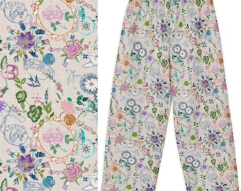 Wide Leg Print Pants, Vintage Print, Embroidery Print, Doily Print, Cotton Wide Leg Pants