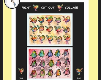 Collage fodder tear sheet printable handpainted funky birds  for instant download art for journaling  scrapbooking and mixed media art