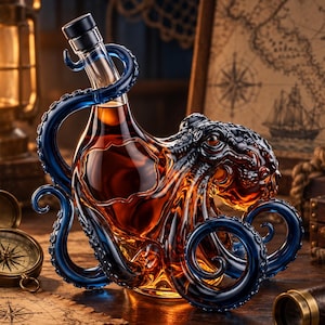 May include: A clear glass decanter filled with amber liquid, shaped like an octopus with deep blue tentacles wrapping around the neck and base. The glass body features intricate suction cup details and a textured head, topped with a black stopper.