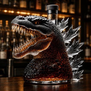 May include: A glass decanter shaped like a monster head with a textured black surface, sharp teeth, and clear crystalline dorsal fins along the back. The vessel is filled with an amber liquid and topped with a black cylindrical stopper.