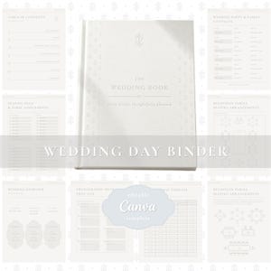 May include: A white wedding planner book with a hard cover featuring the text THE WEDDING BOOK every detail, thoughtfully planned. The background displays multiple pages of a wedding day binder template including tables, seating plans, and timelines.