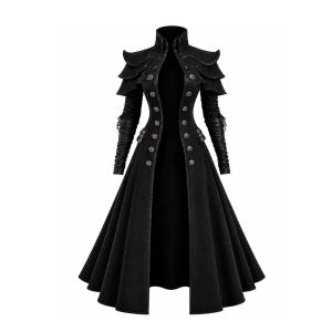 May include: A black long coat featuring a high collar, layered shoulder epaulets, and long sleeves with lace-up detailing. The front is open, adorned with two vertical rows of metallic buttons, and the skirt flares out into a wide, pleated hem.