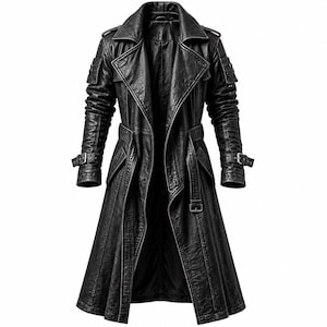 May include: A black long-length trench coat featuring a wide lapel collar, a belted waist with a buckle, and long sleeves with adjustable buckled straps at the cuffs. The coat includes shoulder epaulets and small utility pockets on the upper arms.