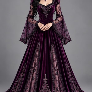 May include: A floor-length deep purple velvet gown featuring long flared lace sleeves, a sweetheart neckline with black lace trim, and a matching lace choker. The skirt includes vertical panels of intricate black lace and embroidery.