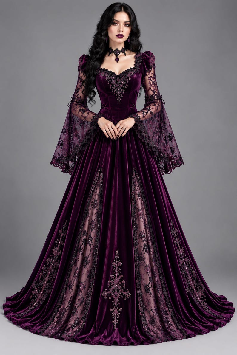 May include: A floor-length deep purple velvet gown featuring long flared lace sleeves, a sweetheart neckline with black lace trim, and a matching lace choker. The skirt includes vertical panels of intricate black lace and embroidery.