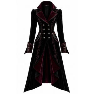May include: A long black velvet coat featuring deep burgundy lapels and trim, double-breasted silver buttons, and decorative silver chains at the waist. The coat has long sleeves with flared cuffs and a high-low hemline with burgundy lining.