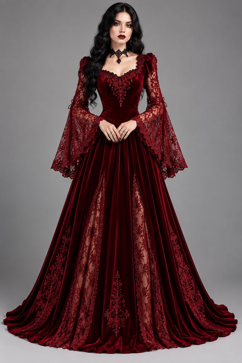 May include: A floor-length deep red velvet gown featuring long bell sleeves with intricate lace detailing, a sweetheart neckline, and a bodice adorned with matching lace embroidery. The skirt includes vertical lace panels and a full hemline.