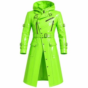 May include: A bright neon green trench coat with a glossy finish, featuring a hood, long sleeves with buckled straps, a belted waist, and multiple black zippered pockets. The coat has a double-breasted front closure with black buttons and metal hardware.